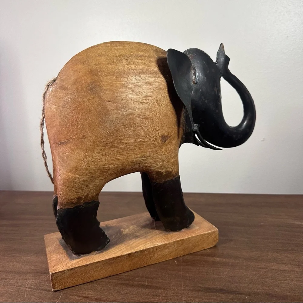 Pier 1 Imports Tropical Hardwood and Tin Hand Carved Elephant Figurine 10” Decor